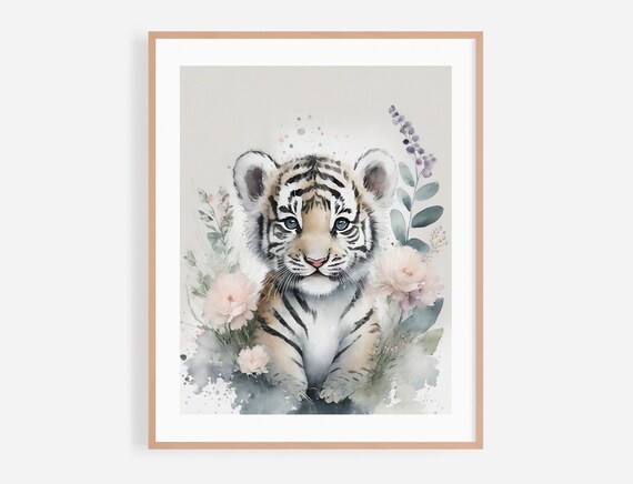 Baby Tiger Cub Watercolor Portrait With Soft Floral Blooms Poster