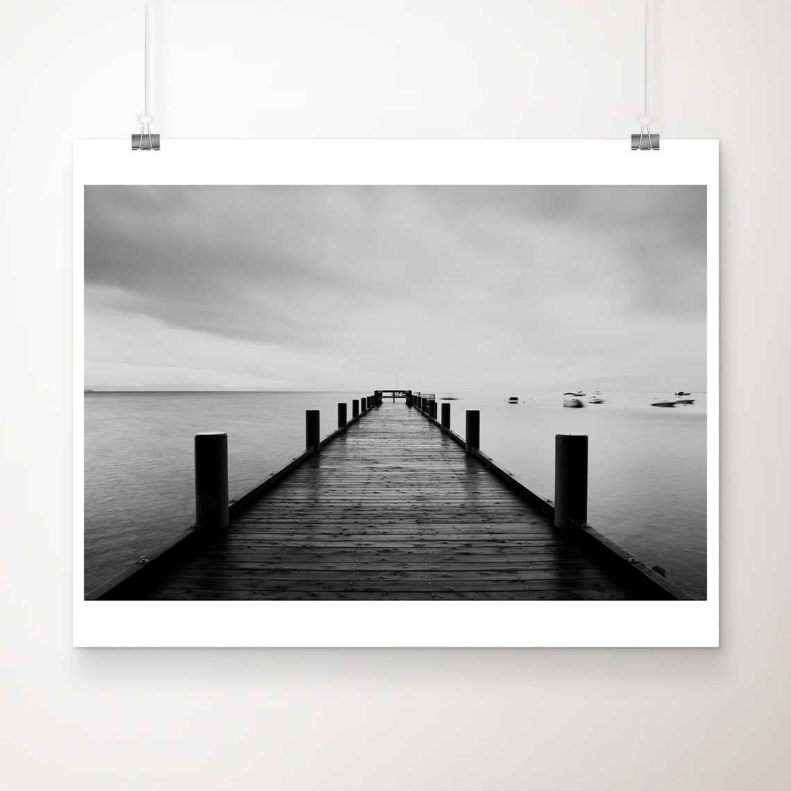 Lake Tahoe Wooden Pier Black And White Serene Lake Photograph Poster