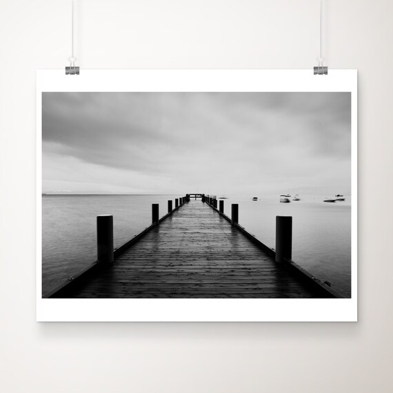Lake Tahoe Wooden Pier Black And White Serene Lake Photograph Poster
