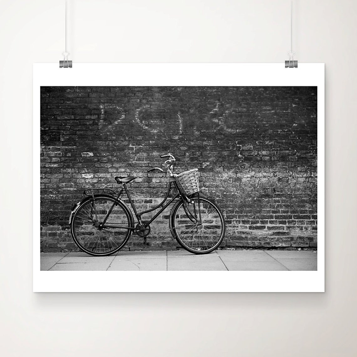 Vintage Bicycle Wicker Basket Brick Wall Black White Photo Poster