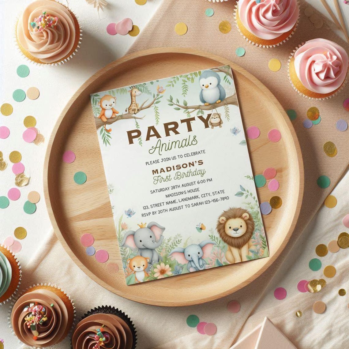 Party Animals Madison First Birthday Safari Invitation Print - Image 4