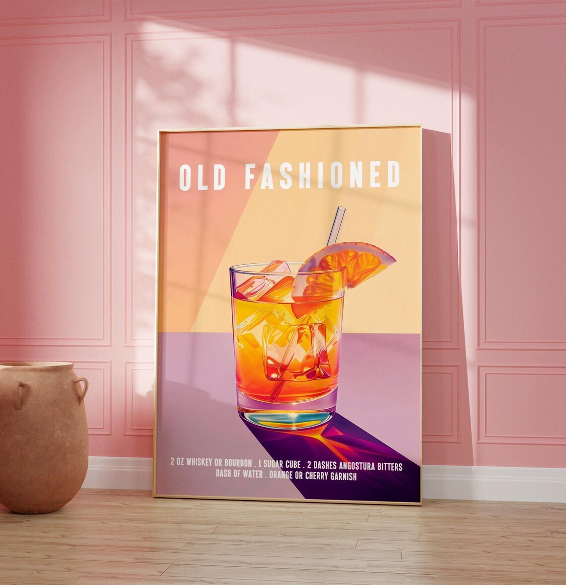Old Fashioned Whiskey Cocktail Recipe In Pastel Pink Retro Artwork Poster - Image 4