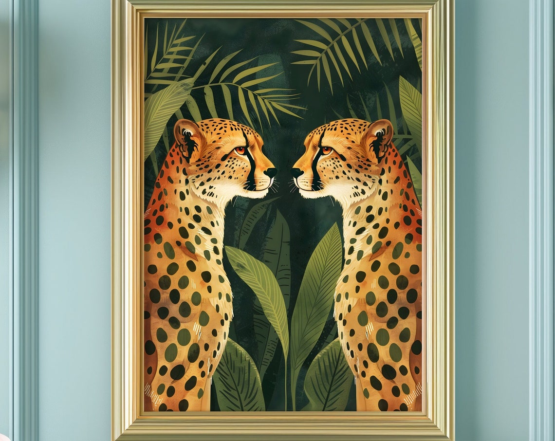 Two Cheetahs Facing Each Other Dark Jungle Leaves Art Poster - Image 4