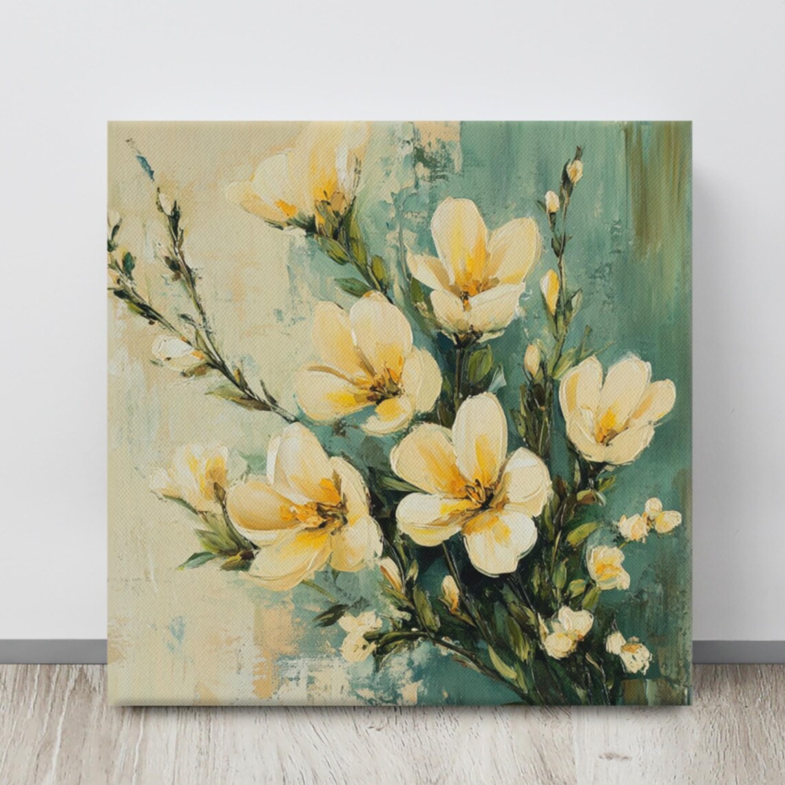 Cream Freesia Flowers Teal Green Background Floral Art Poster