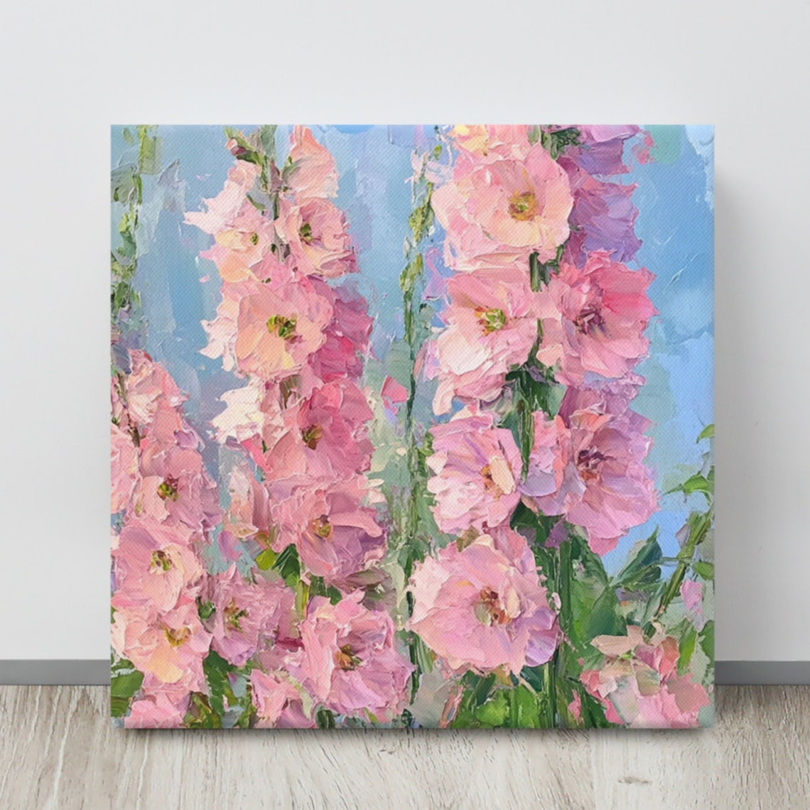 Pink Delphinium Tall Flower Spikes Blue Sky Impressionist Art Poster