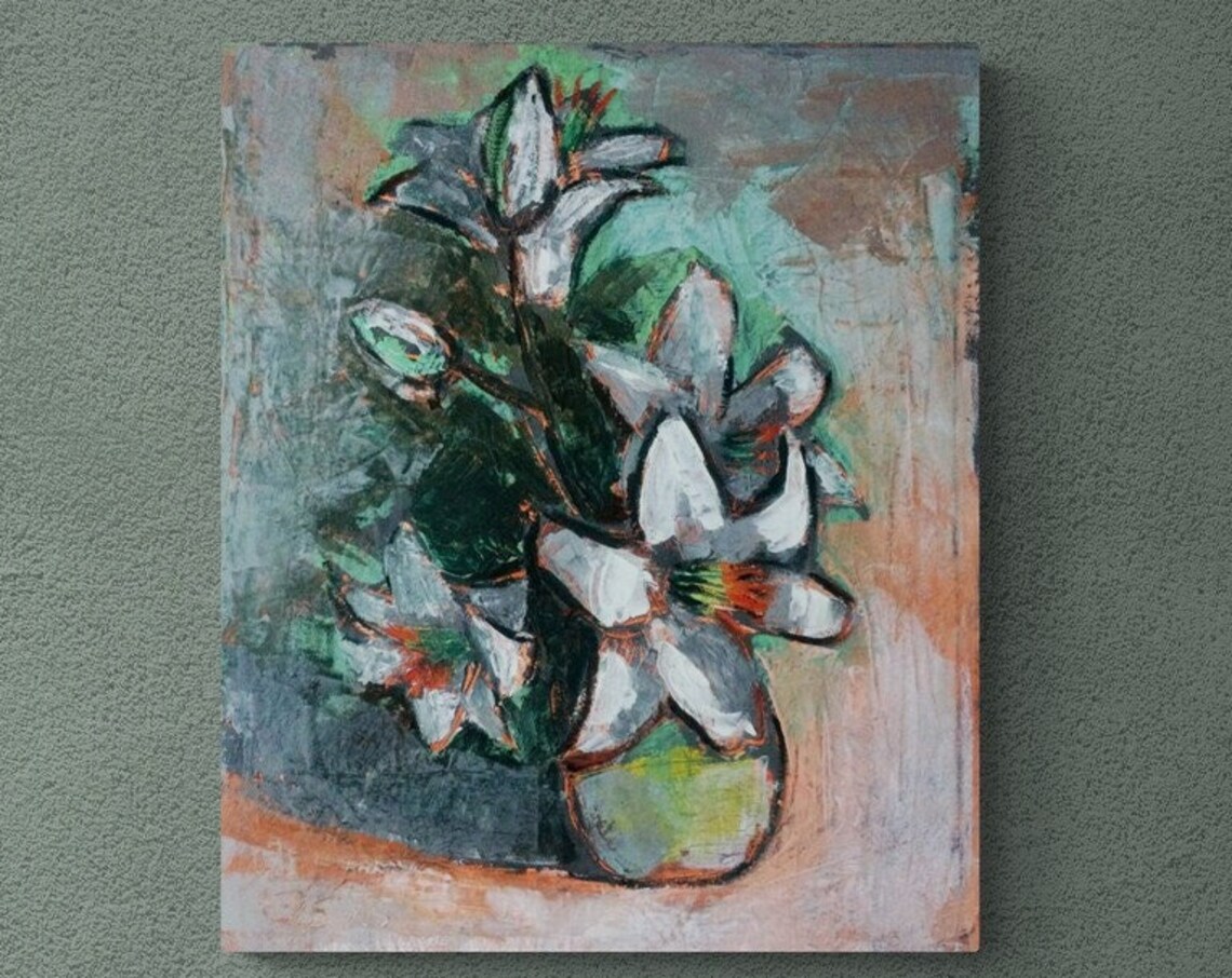 White Lilies Bouquet Impressionist Floral Oil Painting Print