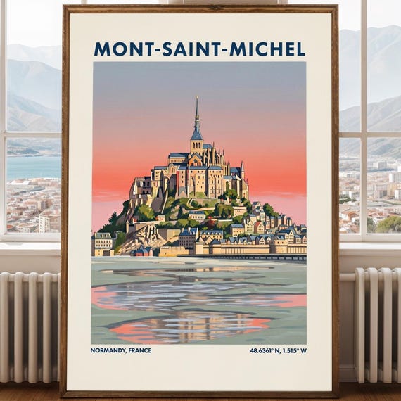 Montsaintmichel Sunset Poster Pink And Blue Travel Art French Illustration Normandy Wall Decor For Enthusiasts