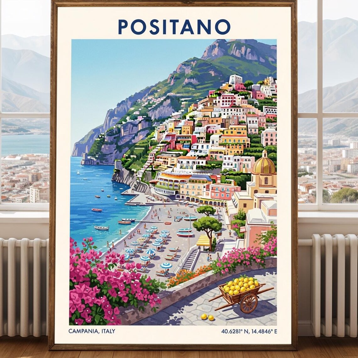 Positano Italy Vintage Travel Poster Amalfi Coast Beach View Art