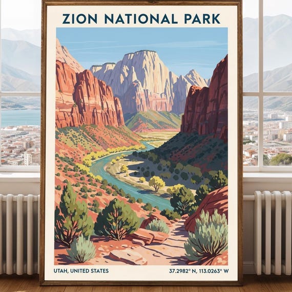 Zion National Park Poster Red And Green Landscape Utah Travel Art Contemporary Illustration Decor