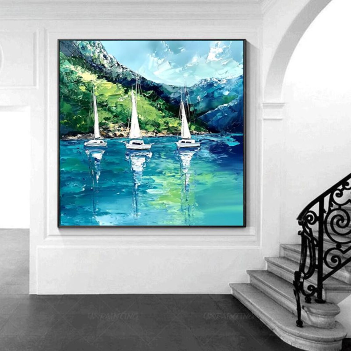 Three White Sailboats Sailing in a Turquoise Mountain Bay Poster - Image 2