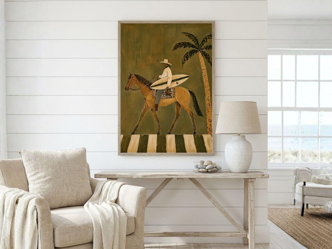 Coastal Cowboy Wall Art Surf Horse Beachy Western Modern Decor Olive Green Equestrian Print Lover Artwork - Image 6