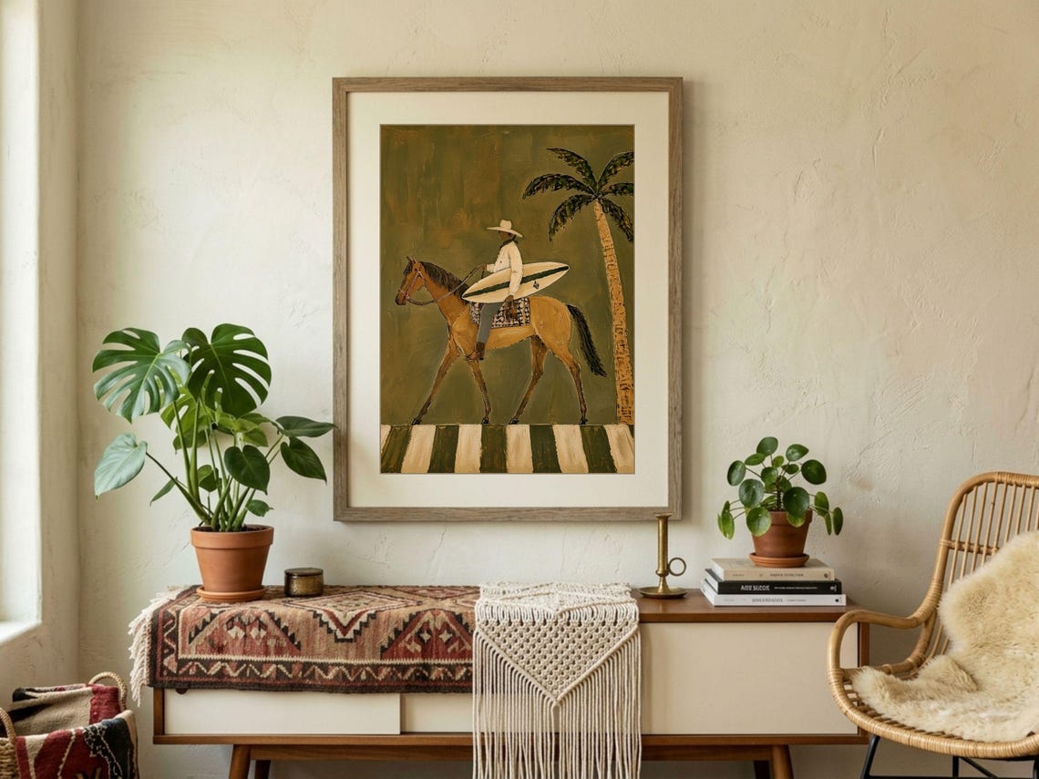 Coastal Cowboy Wall Art Surf Horse Beachy Western Modern Decor Olive Green Equestrian Print Lover Artwork - Image 3