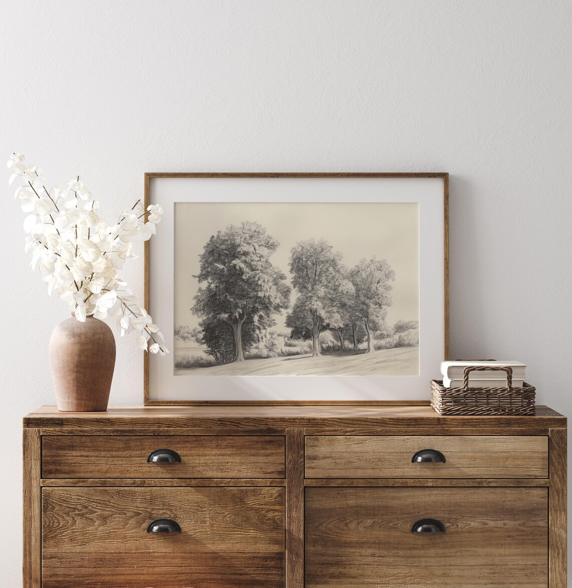 Vintage Pencil Sketch Art Of Tranquil Trees In Countryside Farmhouse Fine Art Wall Art P5 - Image 4