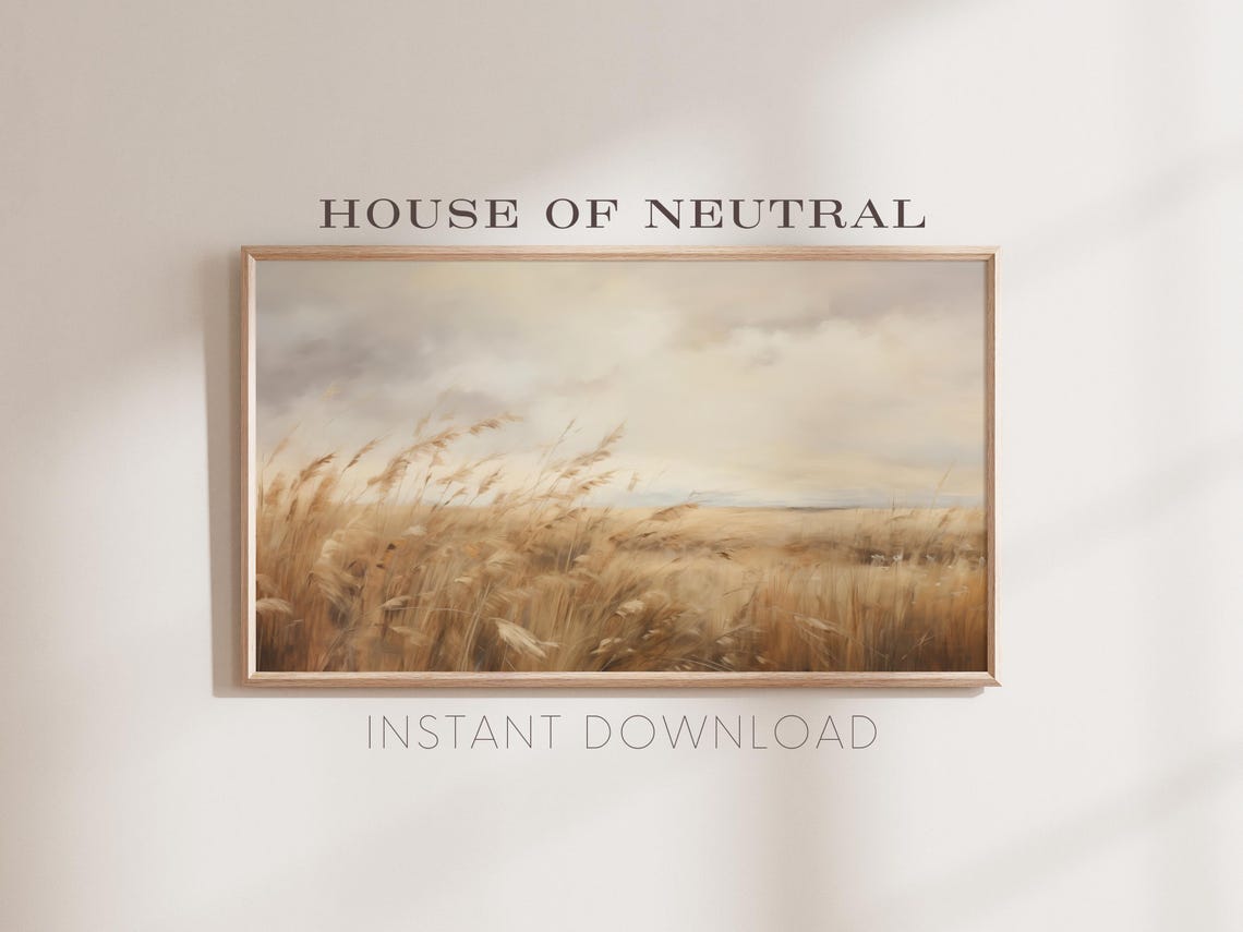 Golden Wheat Field Windswept Grass Cloudy Sky Vintage Autumn Wall Art - Image 2