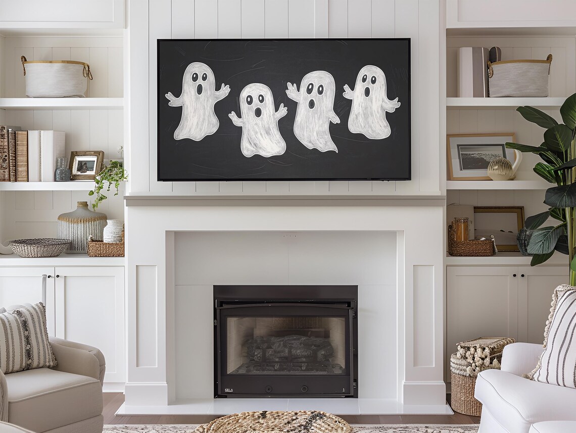Cute White Ghosts Black Chalkboard Halloween Farmhouse Decor Art Poster - Image 4