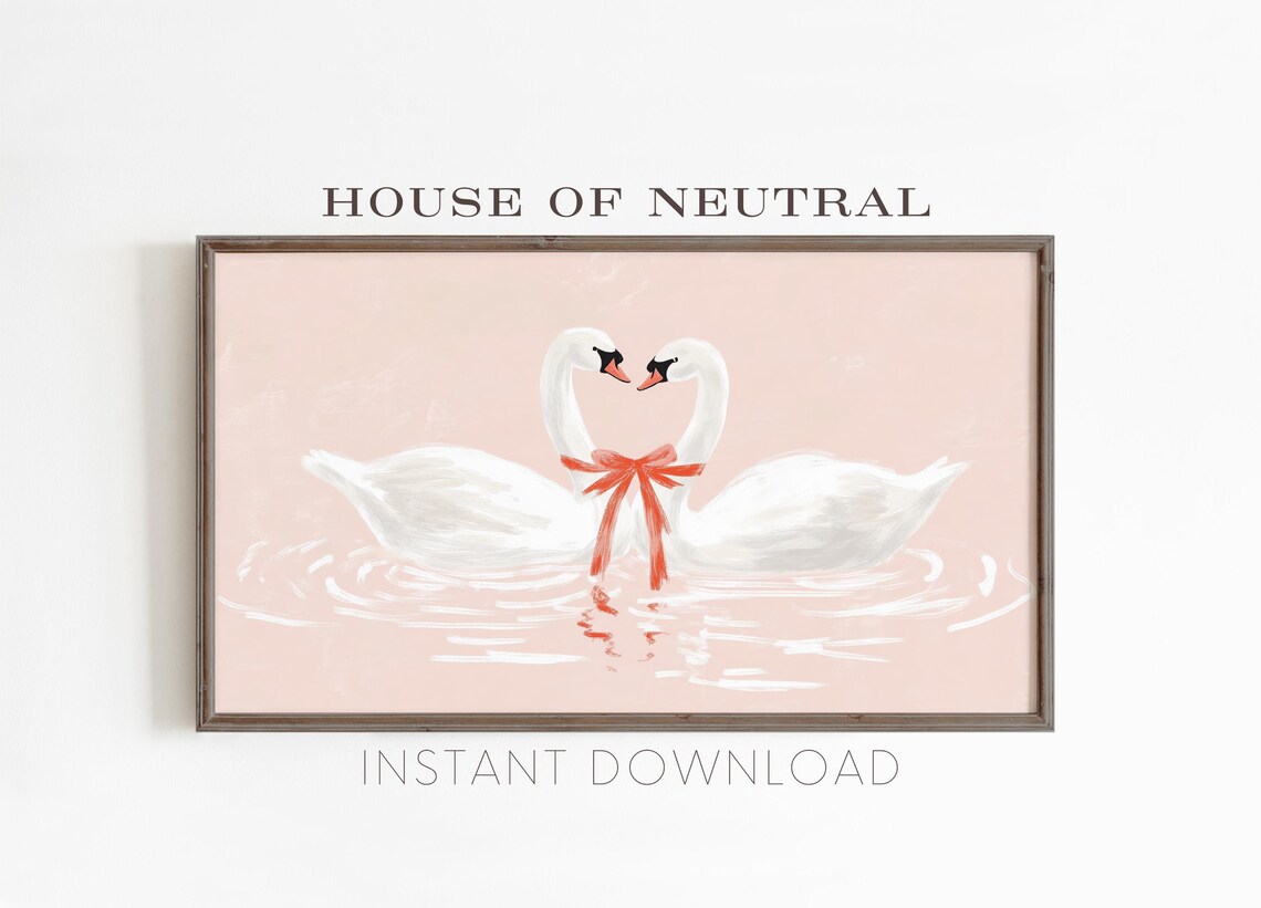 Two White Swans In Love Red Ribbon Pink Background Valentine Wall Art