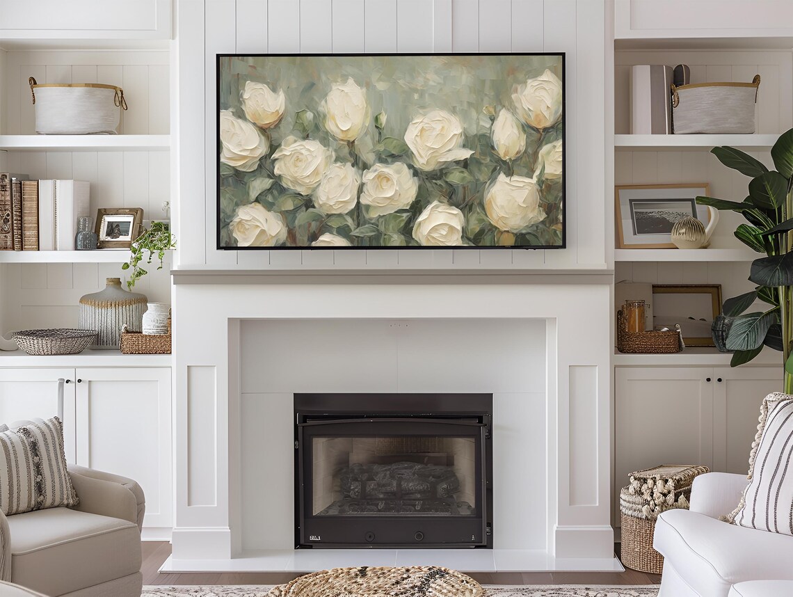 White Roses Impasto Oil Painting Sage Green Textured Floral Art Poster - Image 3