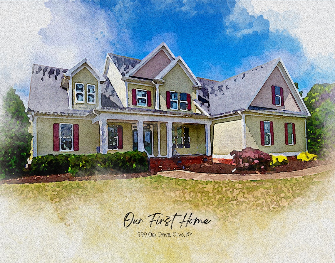 Our First Home Olive NY Lawn View Watercolor House Portrait Poster - Image 5