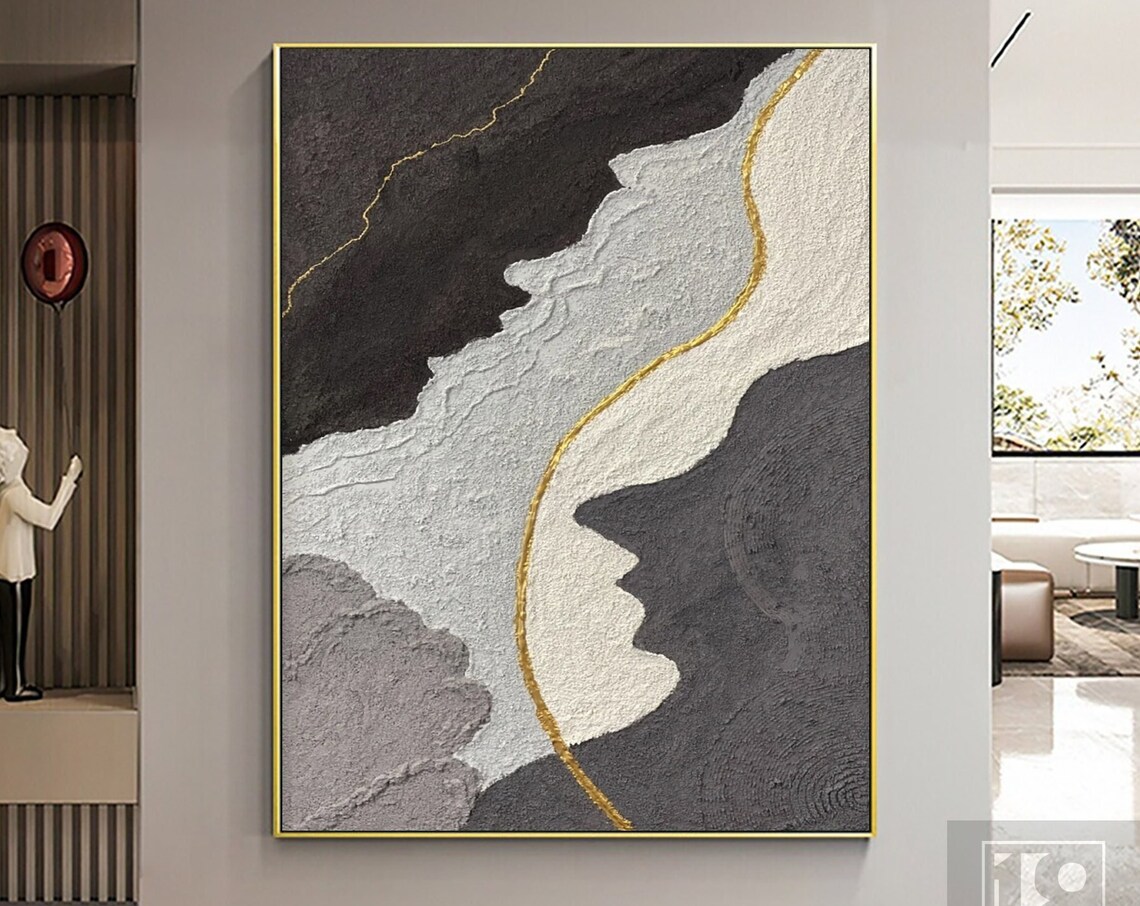 Black Gray White Textured Abstract Painting With Gold Vein Poster