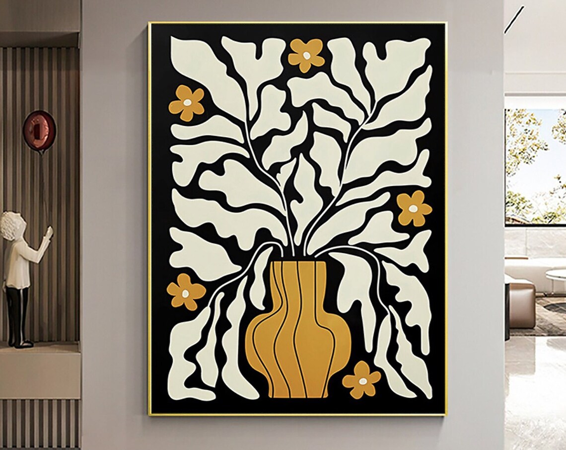 Bold Black Botanical Art With Cream Leaves and Mustard Vase Poster