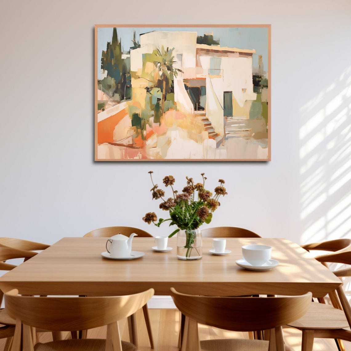 Abstract Mediterranean Villa Terrace with Palm Trees Art Poster - Image 2