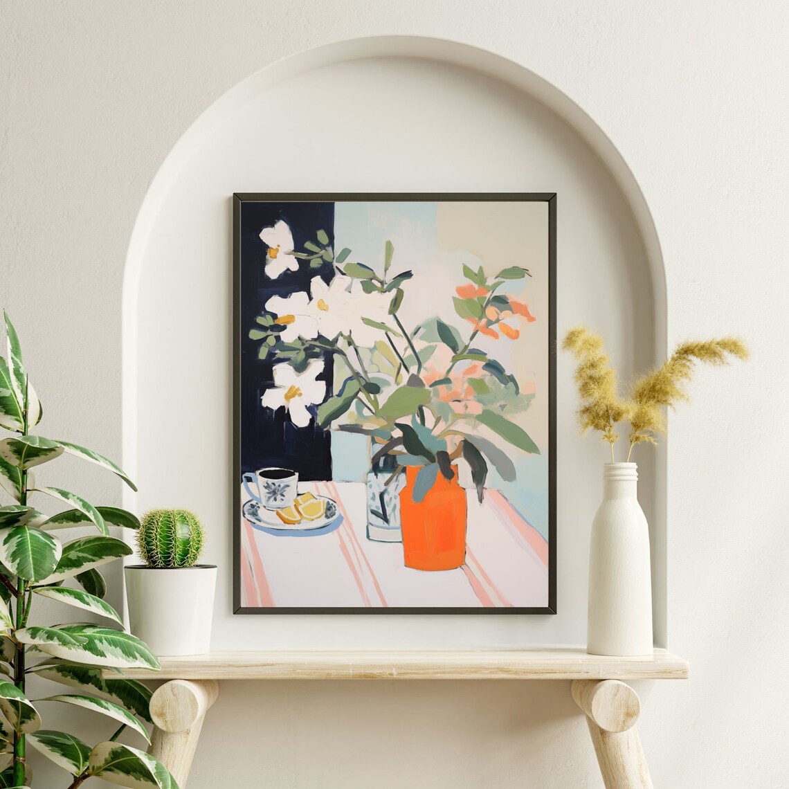 White Flowers in Orange Vase with Coffee and Lemons Still Life Poster - Image 3
