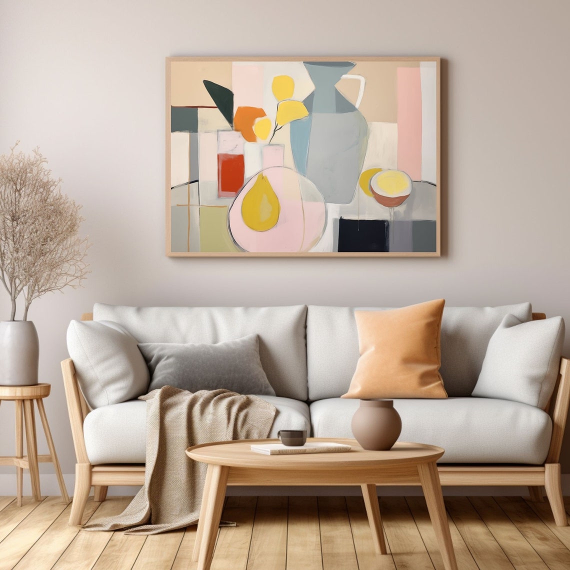 Abstract Pastel Still Life with Jug Lemons and Fruit Modern Poster - Image 3