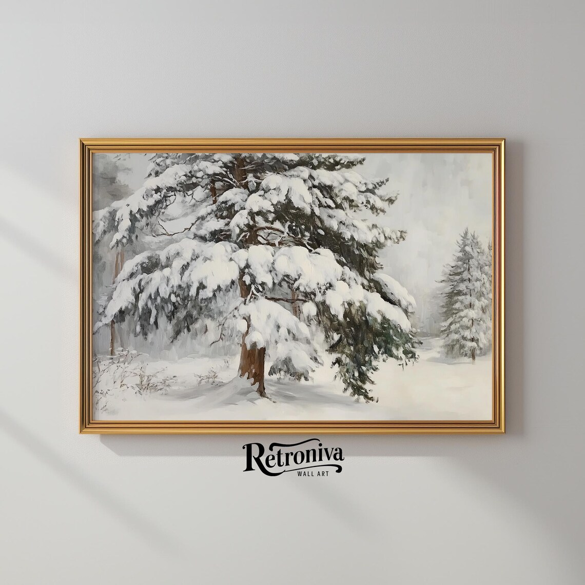 Snow Covered Pine Tree Vintage Winter Woodland Oil Painting Poster - Image 2
