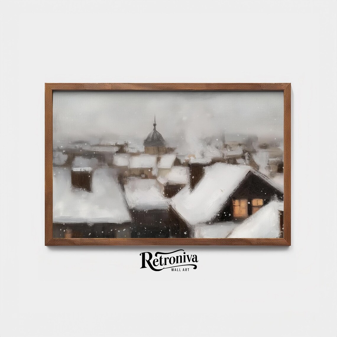 Snow Falling Over Old Town Rooftops Winter Cityscape Vintage Painting Poster - Image 4