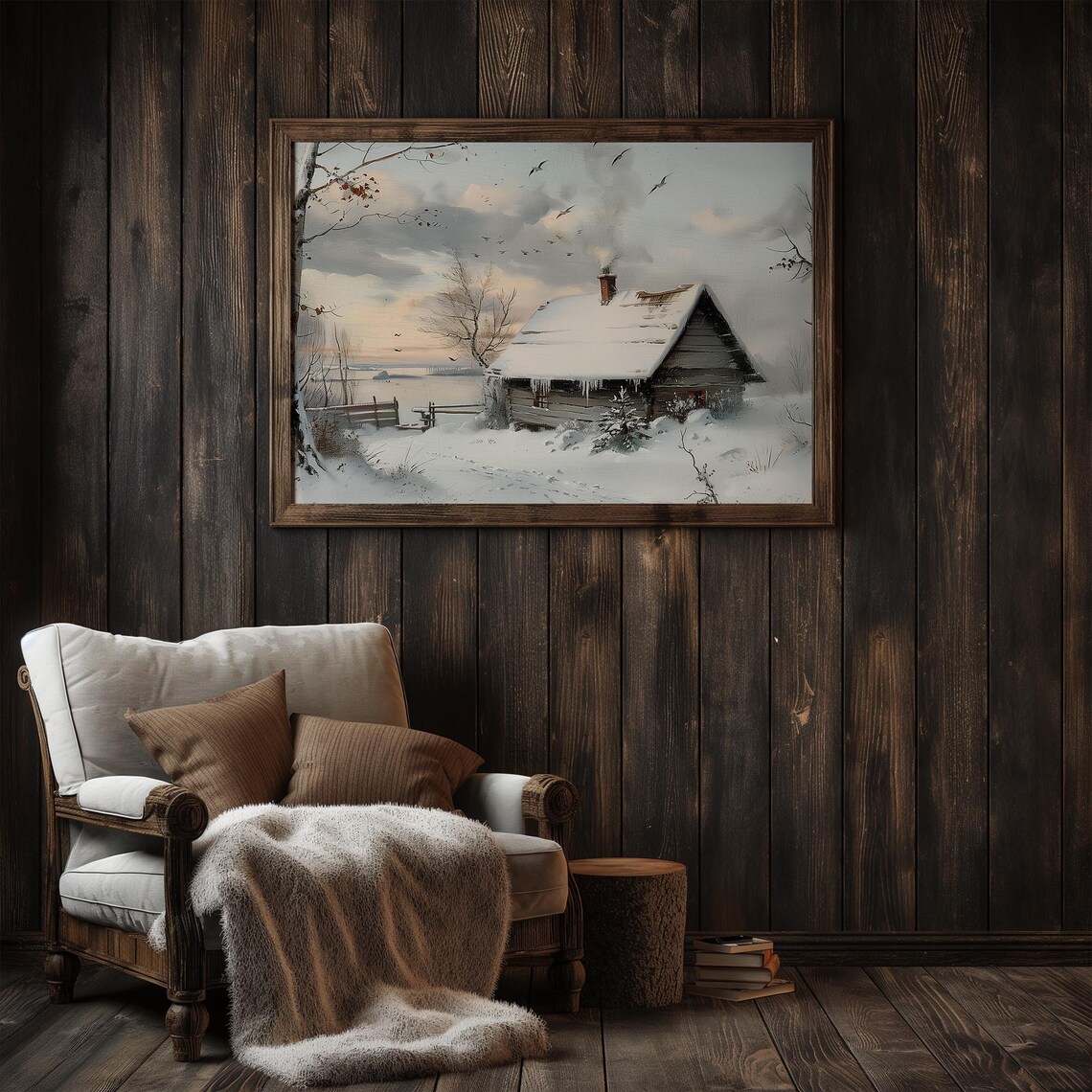 Snowy Log Cabin With Smoking Chimney By A Frozen Lake Poster - Image 3