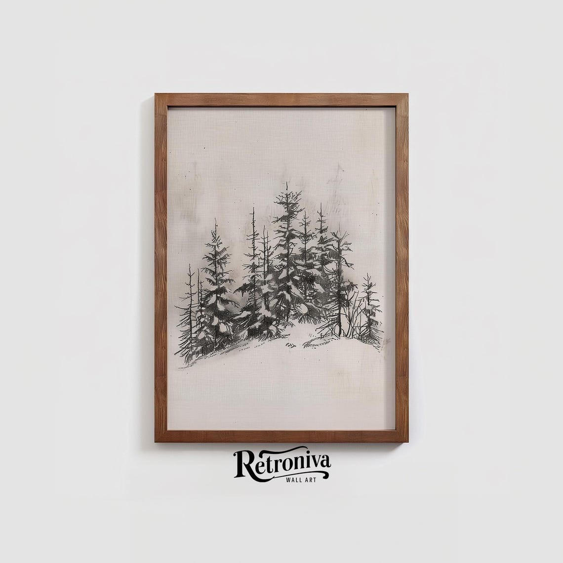 Snowy Pine Forest Charcoal Sketch Minimalist Winter Trees Print - Image 4