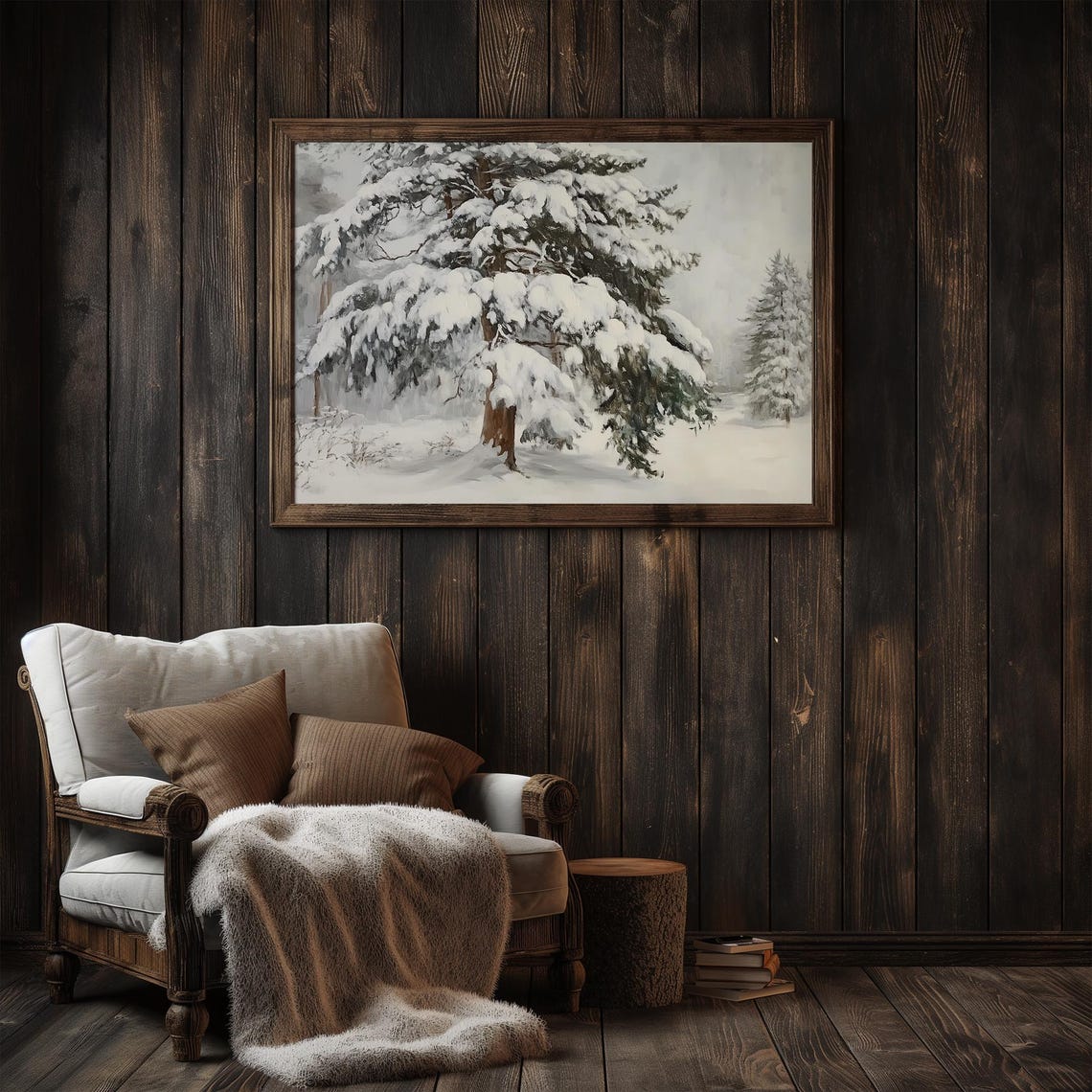 Snow Covered Pine Tree Vintage Winter Woodland Oil Painting Poster - Image 3