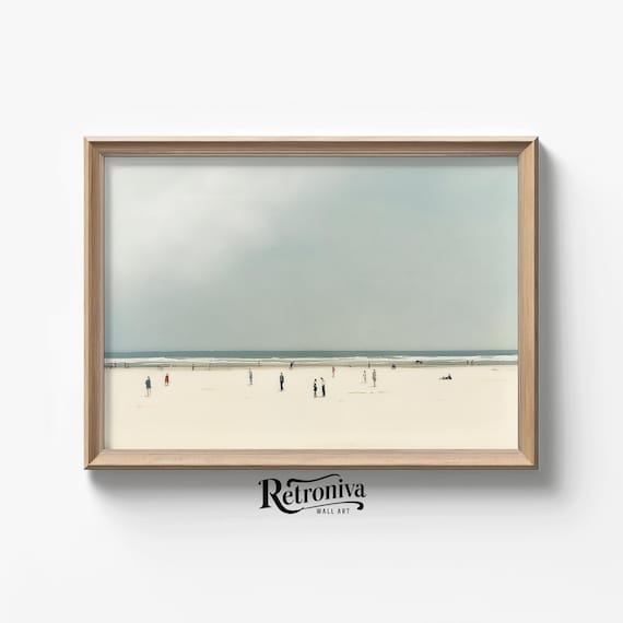 Minimalist Pale Beach Scene With Tiny Figures On The Sand Poster