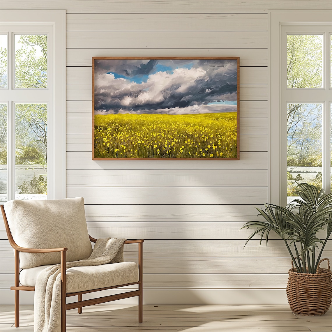 Yellow Wildflower Field Under Storm Clouds Dramatic Meadow Painting Poster - Image 3