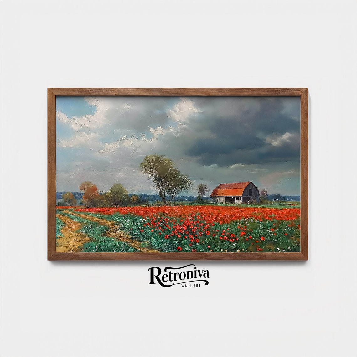 Vast Red Poppy Field With Barn Under A Dramatic Stormy Sky Poster - Image 4