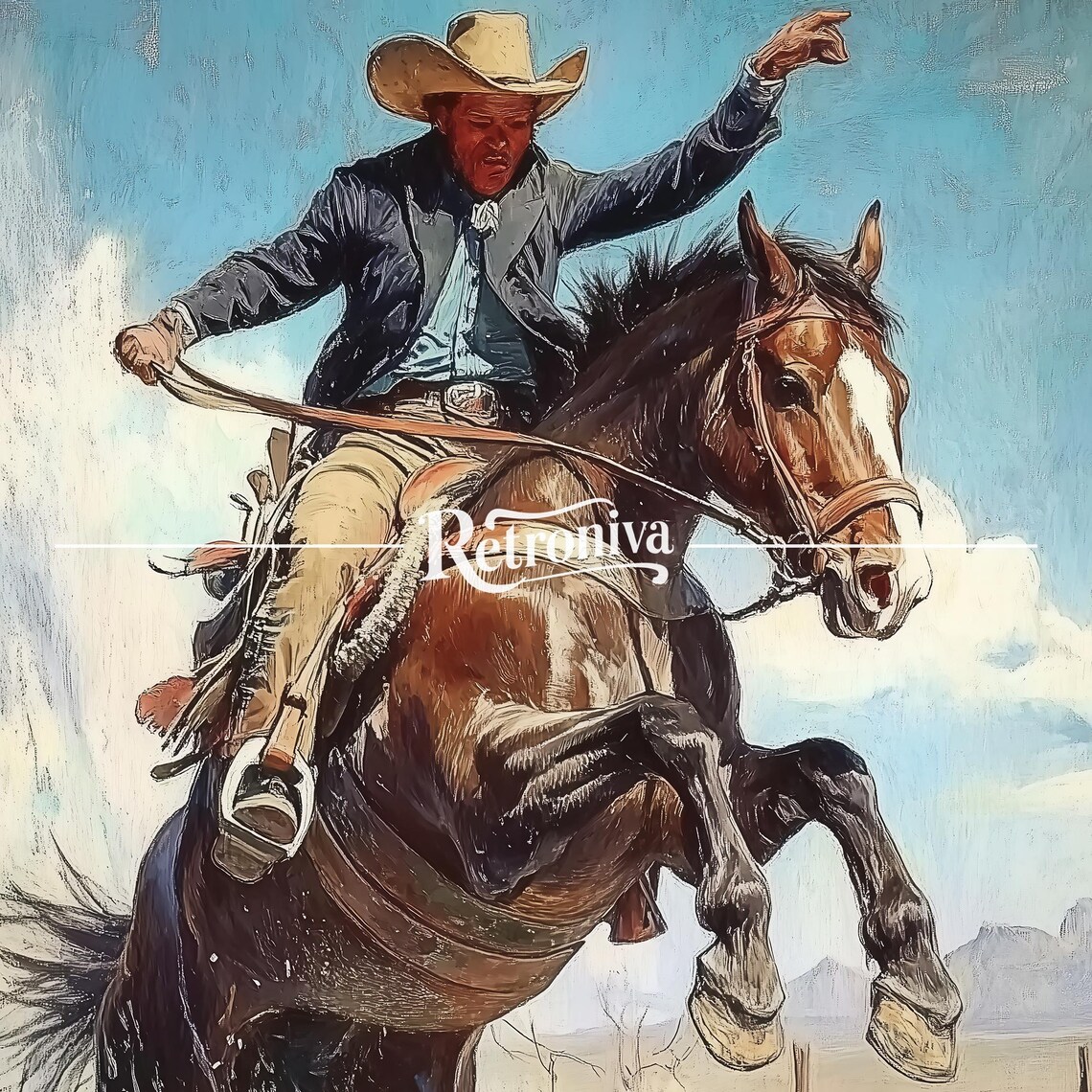 Cowboy On Bucking Horse Vintage Western Rodeo Oil Painting Poster - Image 7