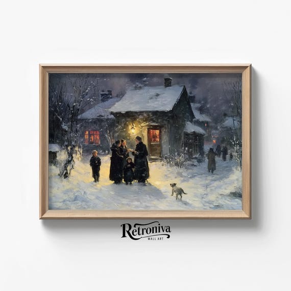 Rustic Winter Night Landscape Vintage Moody Oil Painting People In Old Town Country Farmhouse Wall Decor Retroniva Art Wnt 027