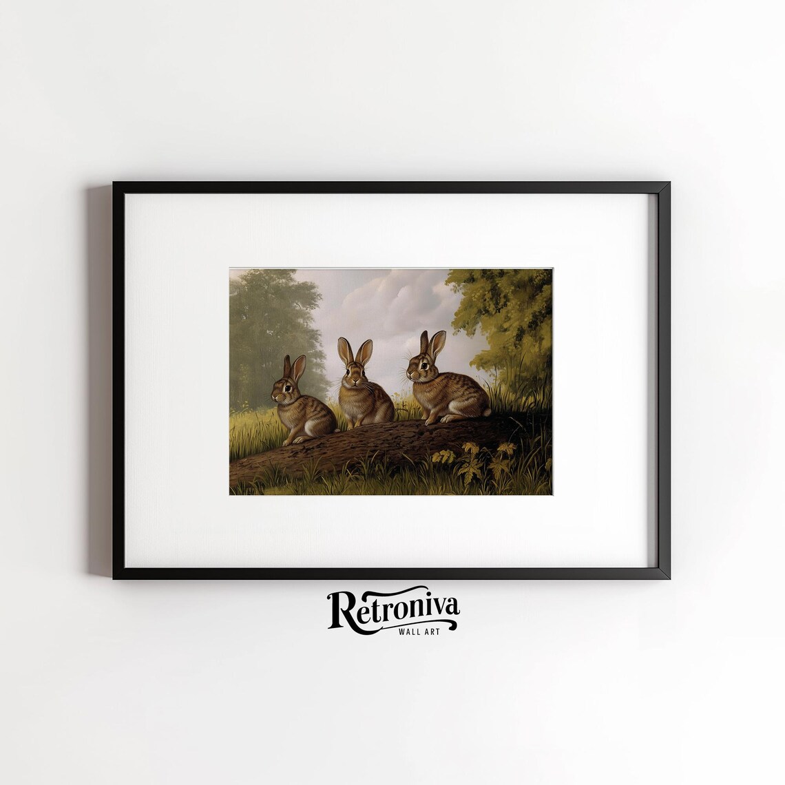 Three Brown Rabbits on Log Vintage Woodland Bunny Painting Poster - Image 6