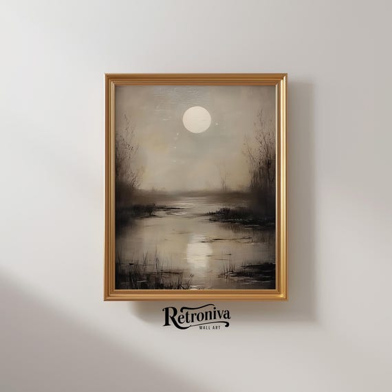 Reeds With Full Moon Landscape Vintage Oil Painting Rustic Lake Art Print Dark Cottagecore Wall Decor Retroniva Art Ngt 010
