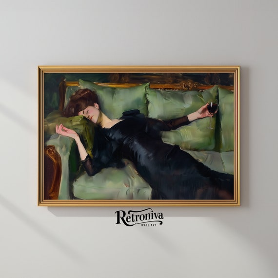 Tired Drunk Woman With Red Wine, Vintage Portrait Art Print