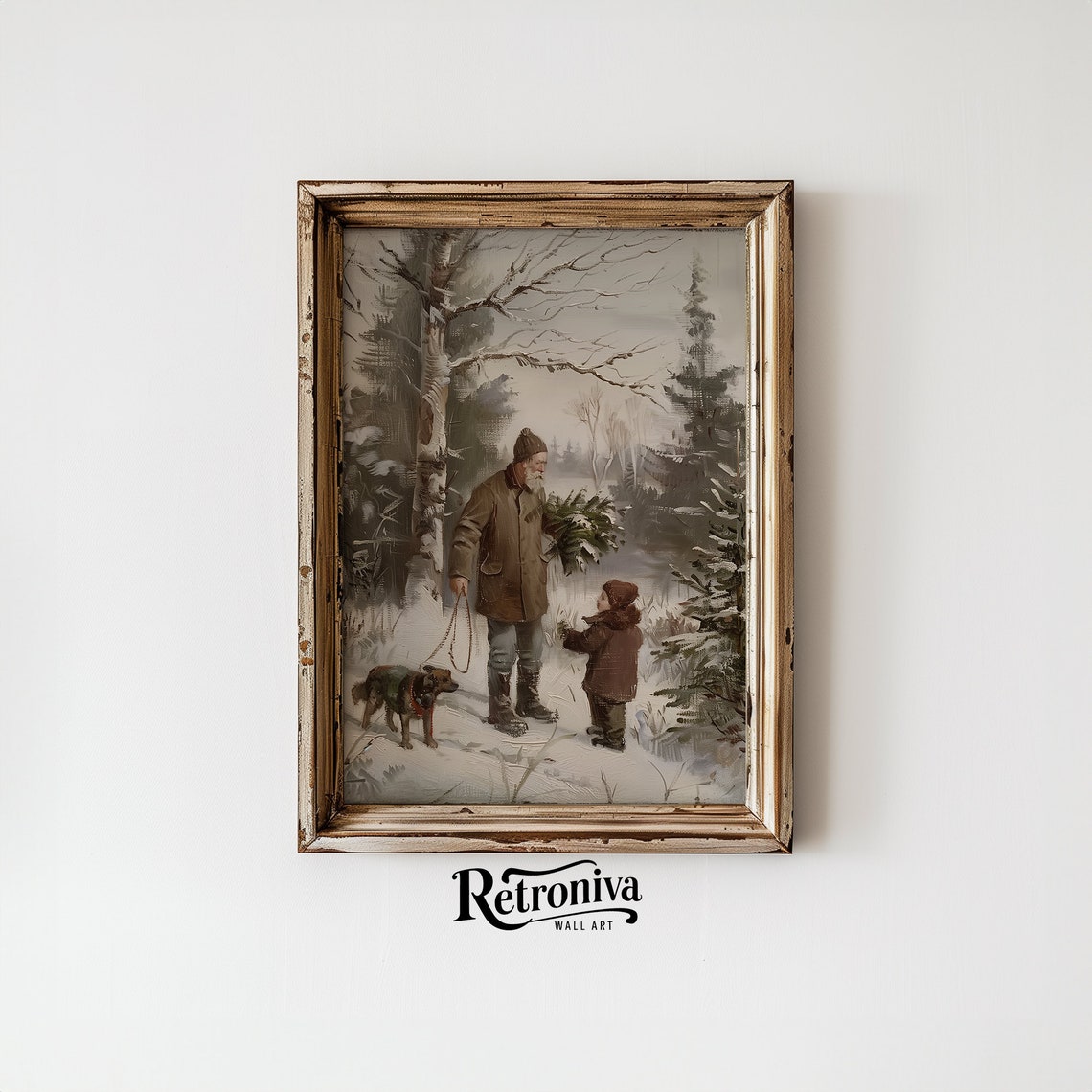 Grandfather Child and Dog Bringing Christmas Tree Winter Poster - Image 6