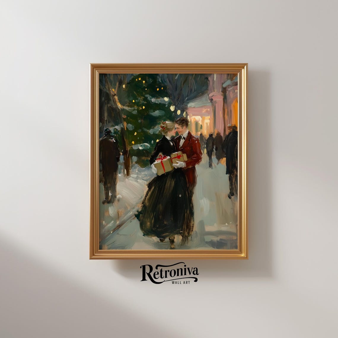 Couple Walking On The Street With Christmas Gifts Vintage Oil Painting Romantic Couple Love Art Print Retroniva Art Cpl 012 - Image 2