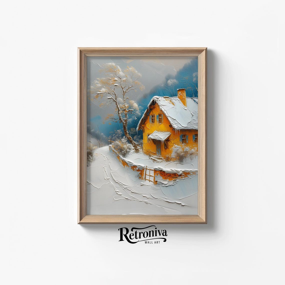 Yellow Cottage In Snowy Winter Landscape Oil Painting Rustic Country Farmhouse Decor Christmas Wall Art Retroniva Art Wnt 010