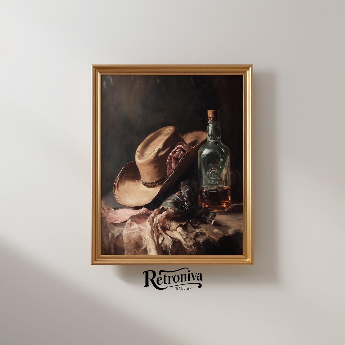 Cowboy Hat and Whiskey Bottle Vintage Western Still Life Poster - Image 2