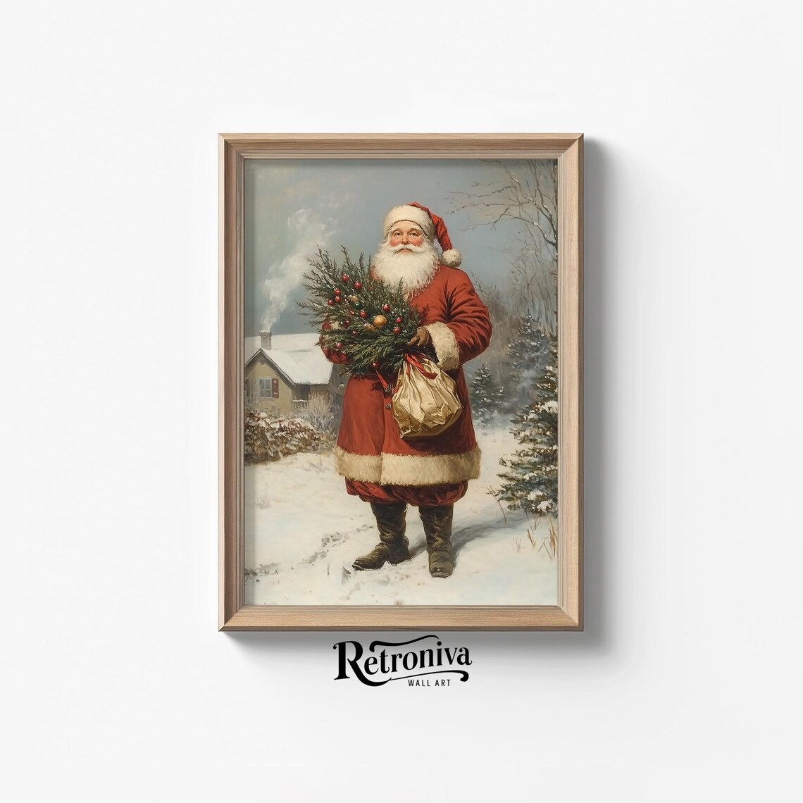 Antique Santa With Christmas Gifts Portrait In Snowy Winter Landscape Wall Art Traditional Holiday Decor Retroniva Art Prt 014