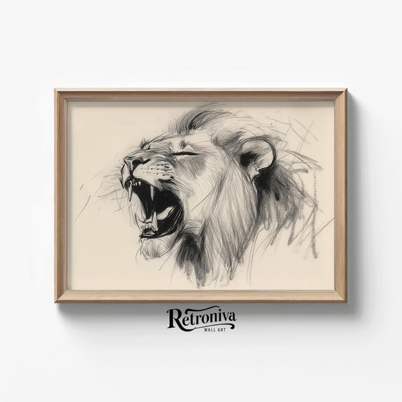 Roaring Lion Sketch Drawing, Vintage Animal Art Print