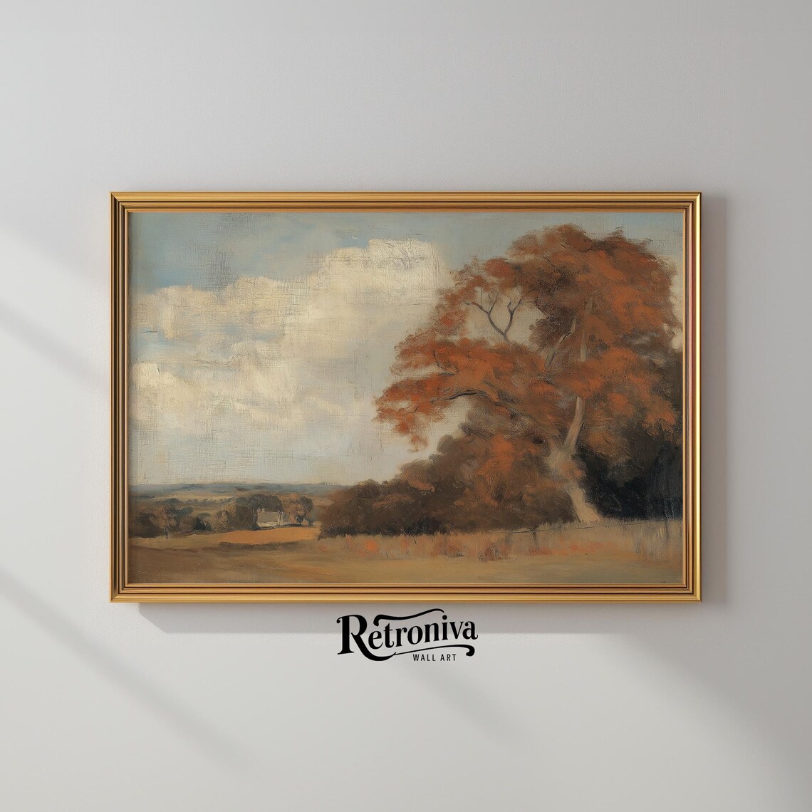 Muted Fall Tree Cloudy Sky Rustic Landscape Vintage Oil Painting Poster - Image 2