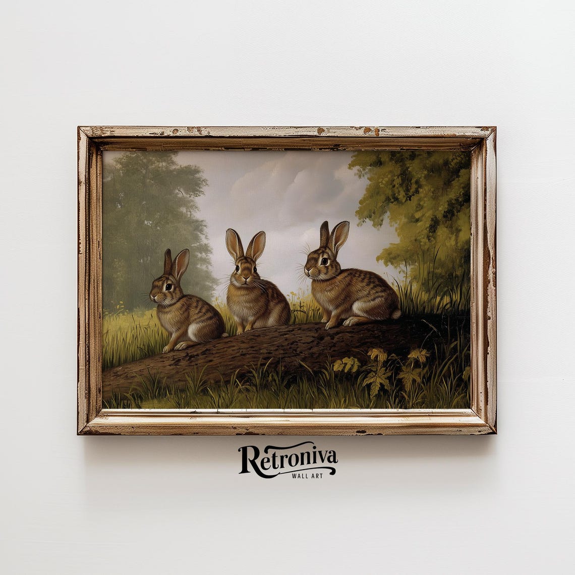 Three Brown Rabbits on Log Vintage Woodland Bunny Painting Poster - Image 4