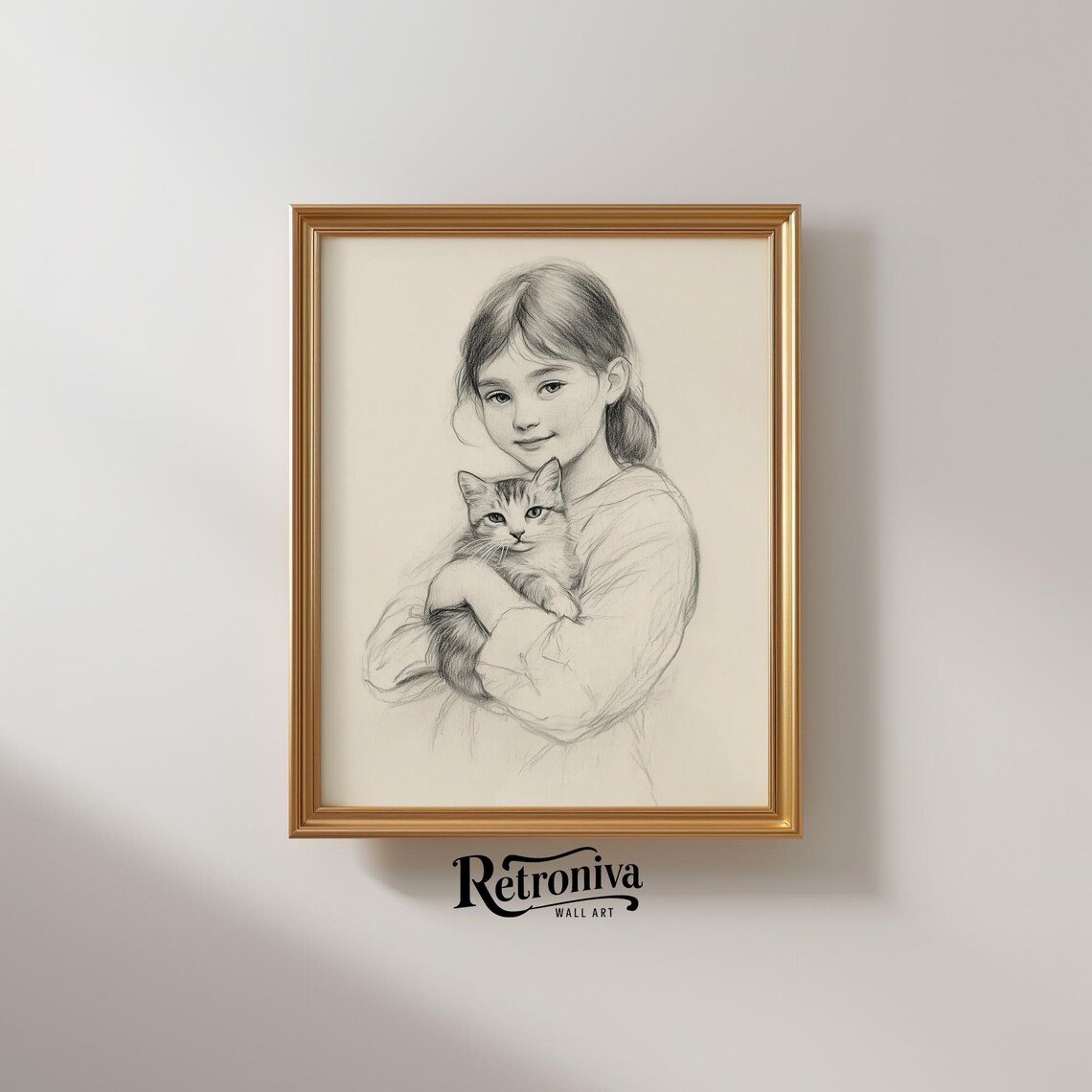Sweet Girl Holding Kitten Pencil Sketch Minimalist Nursery Poster - Image 2