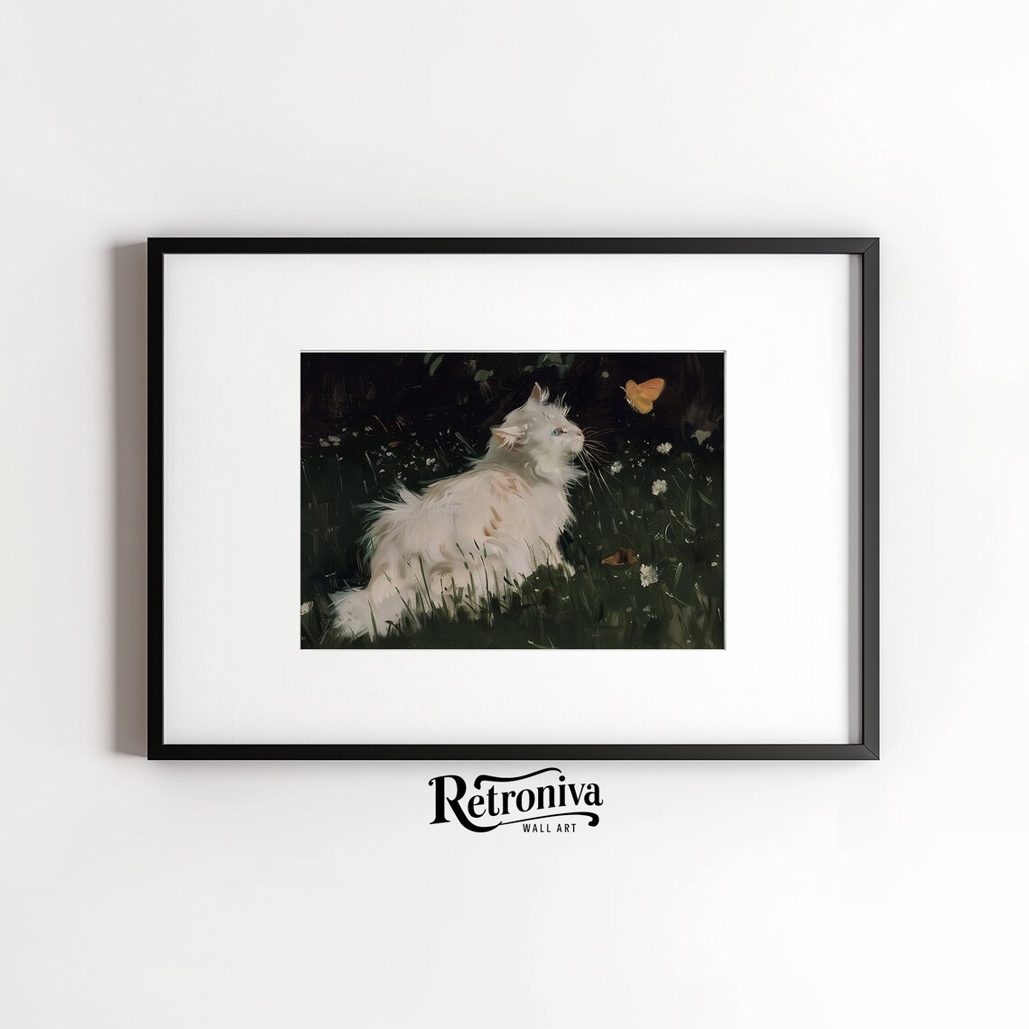 White Cat Watching Butterfly in Dark Garden Moody Feline Poster - Image 6
